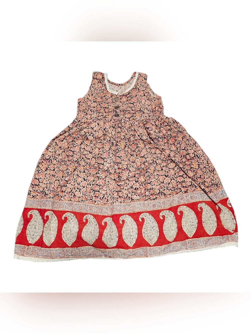 Vintage Paisley Floral Midi Dress Sleeveless Boho Lace Trim Multicolor Pattern - Picture 4 of 5